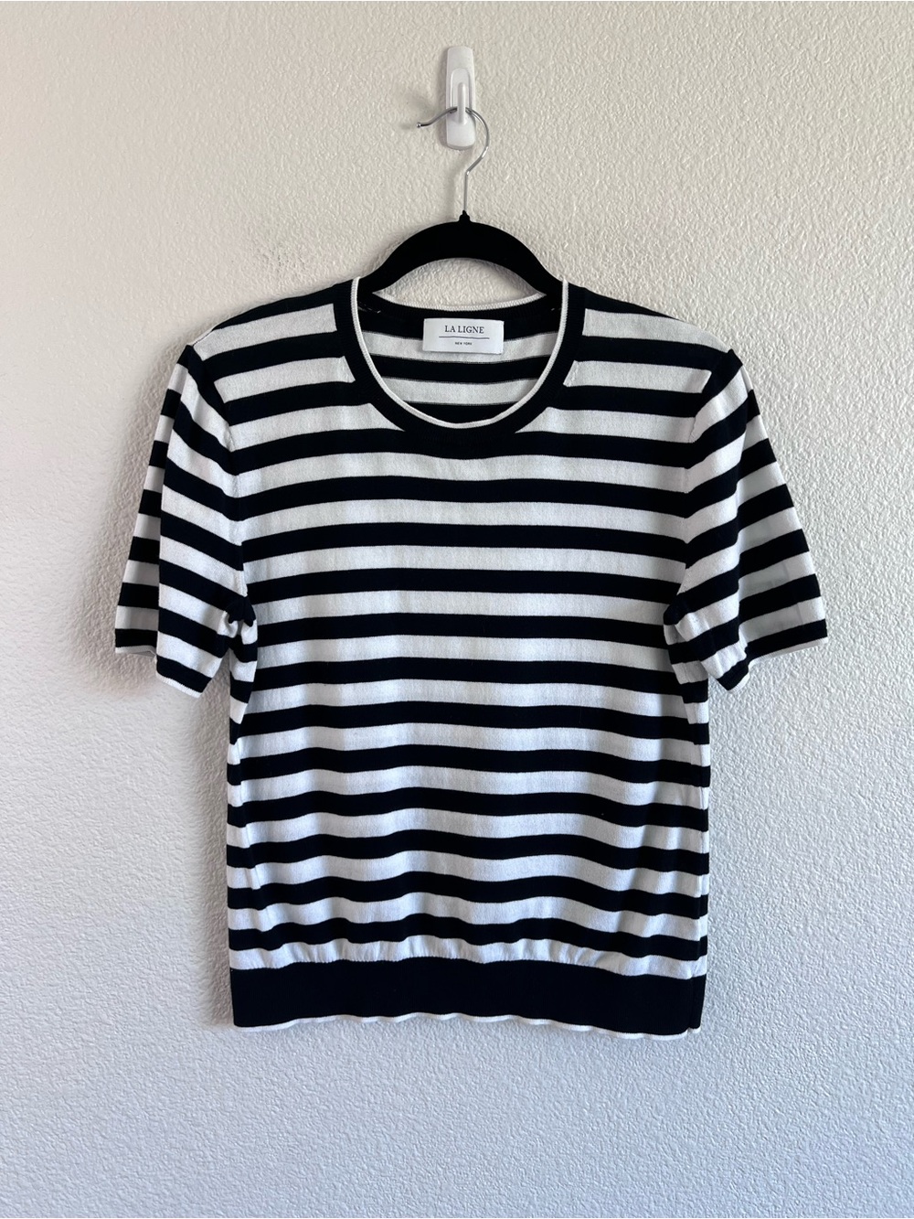 La Ligne Women's Short Sleeve Knit Pullover Cotton Striped Lightweight Sweater